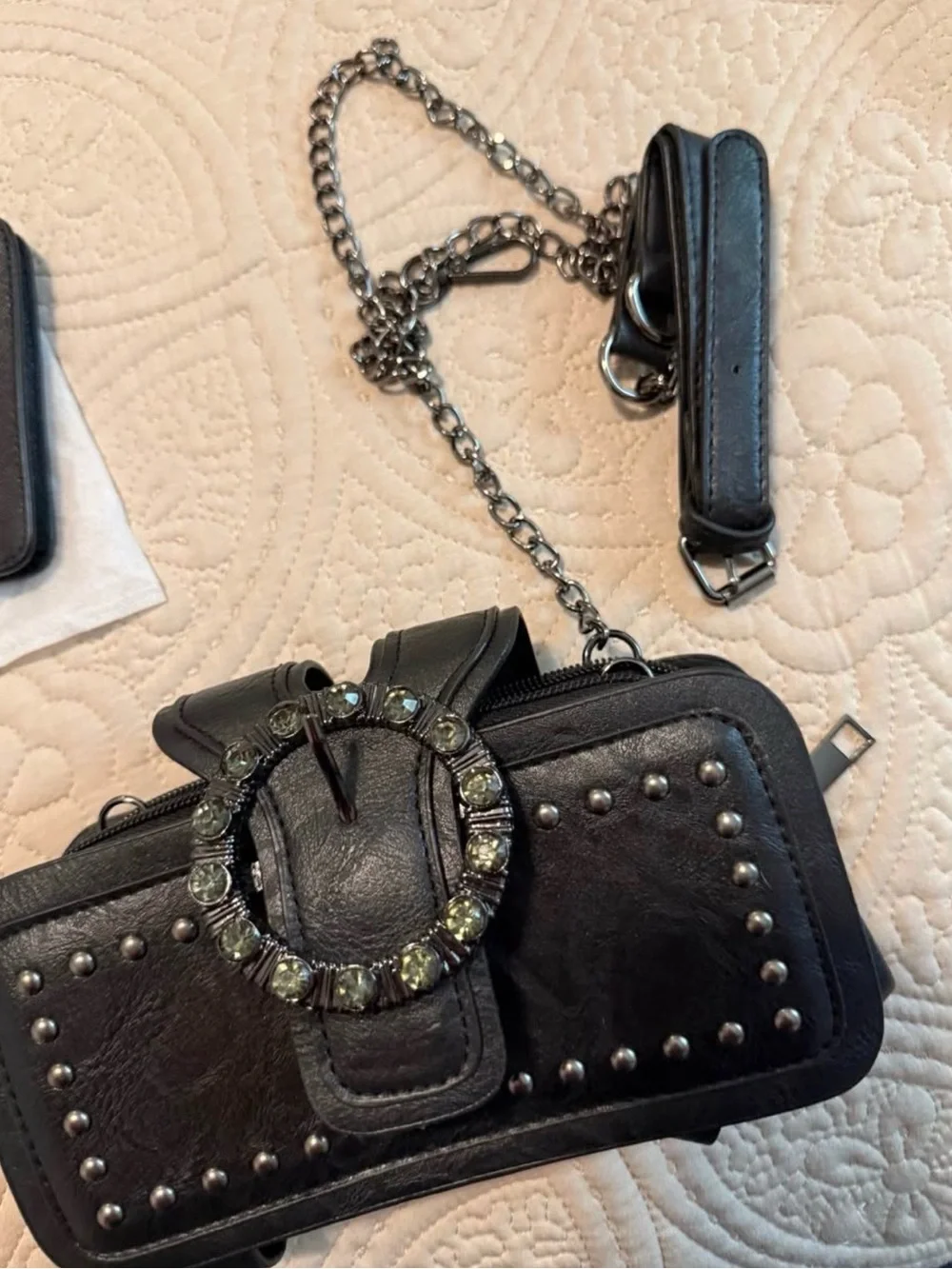 Black Rhinestone Studded Phone Belt Case - Unbranded